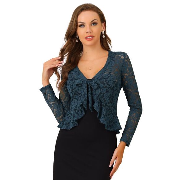 Floral Lace Shrug Tie Front Ruffled Sheer Crop Bolero Cardigan Dark Blue Grey - Picture 1 of 6